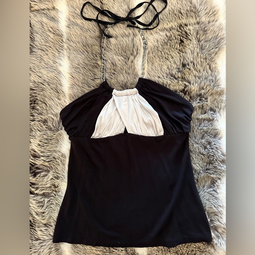BEBE chain halter top shirt black white Small